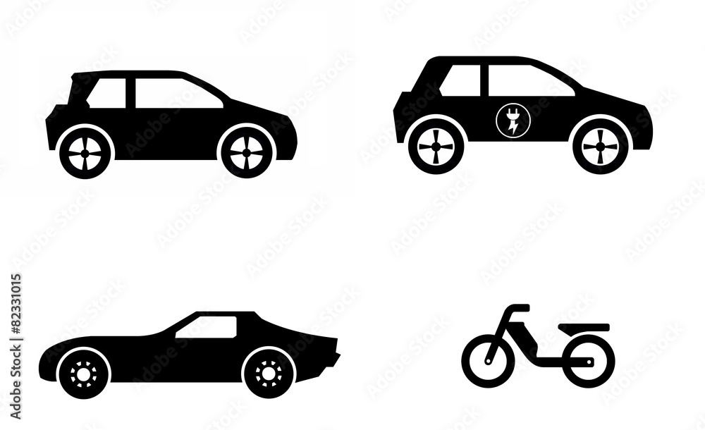 Voitures et mobylette en 4 icônes