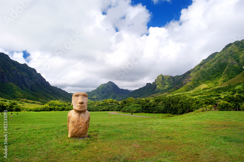 Easter island head on Kualoa Ranch, Oahu photo