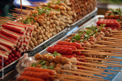 Meat balls and sausages on stick, Bangkok, Thailand
