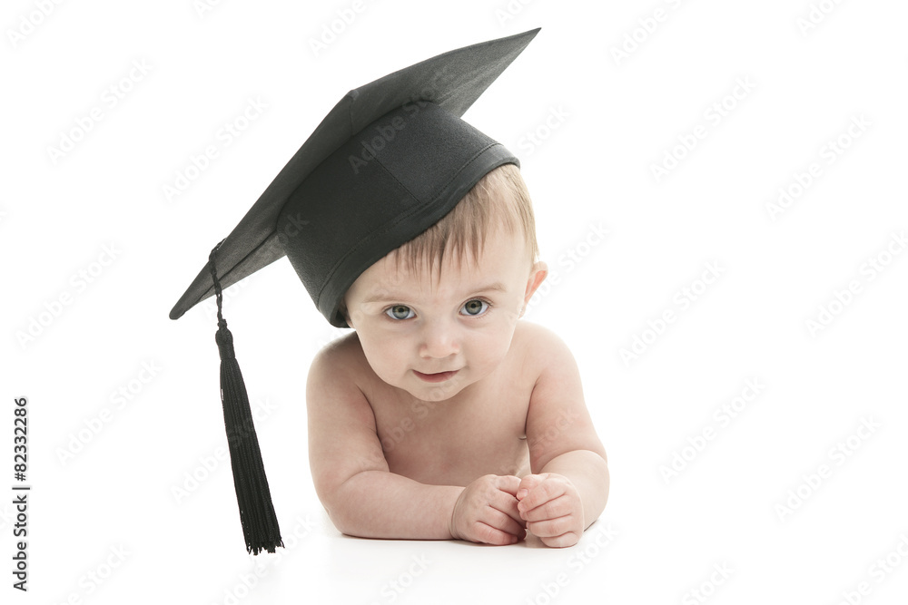 Portrait of a sitting baby with a graduation cap Stock Photo | Adobe Stock