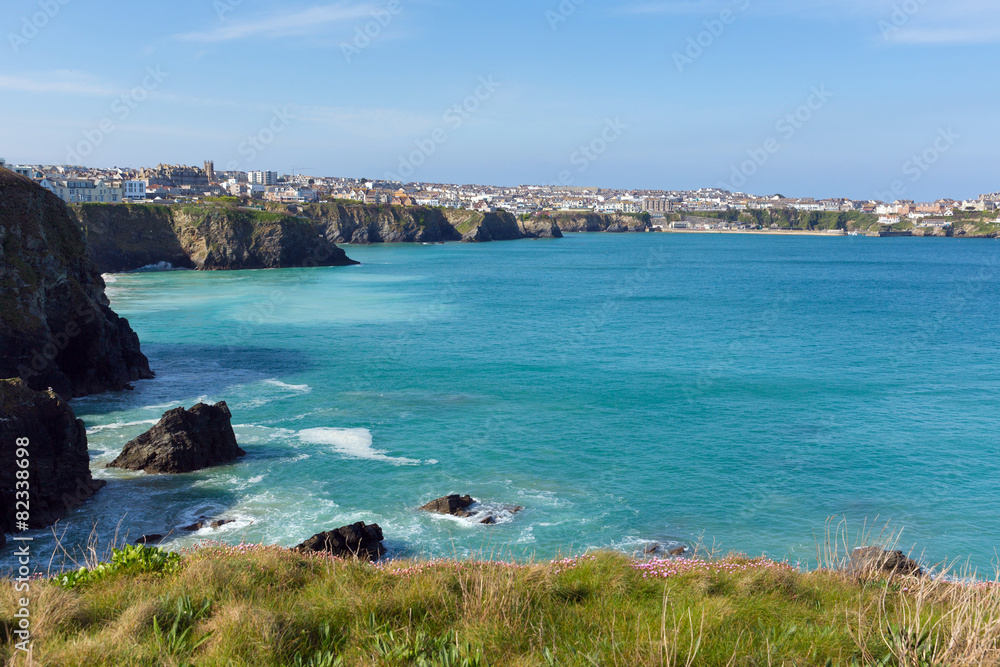 Coast of Newquay Cornwall to harbour in spring
