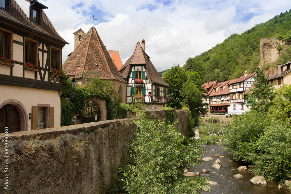 Houses and river in Kaysersberg, Alsace, France