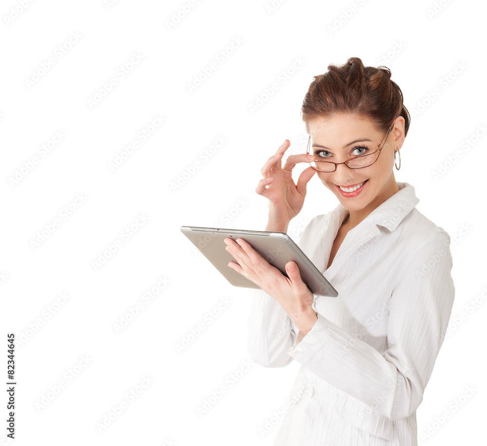 Portrait of a woman working on tablet computer, isolated on white background. Portrait of a woman working on tablet computer, isolated on white background.