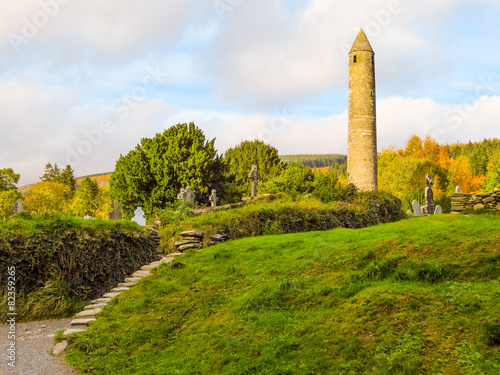 The Round Tower at sunset, Glendalough, County Wicklow, Ireland