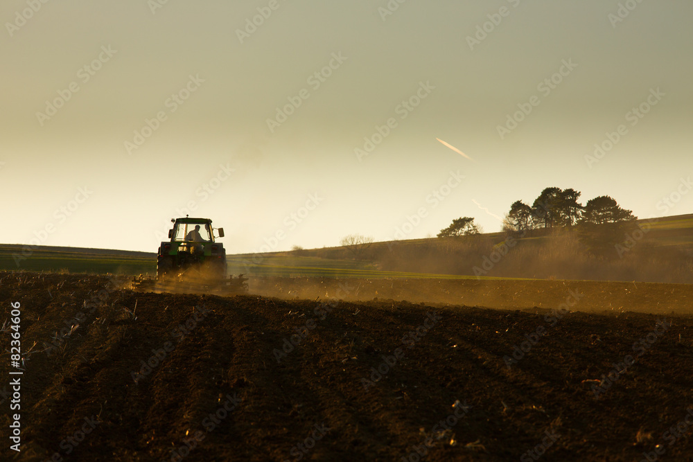 Fototapeta premium Tractor in sunset plowing the field