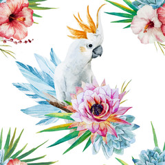 Handdoek met foto Papegaai patronen Aquarelpatroon met papegaai en bloemen  © Zenina-Lembrik