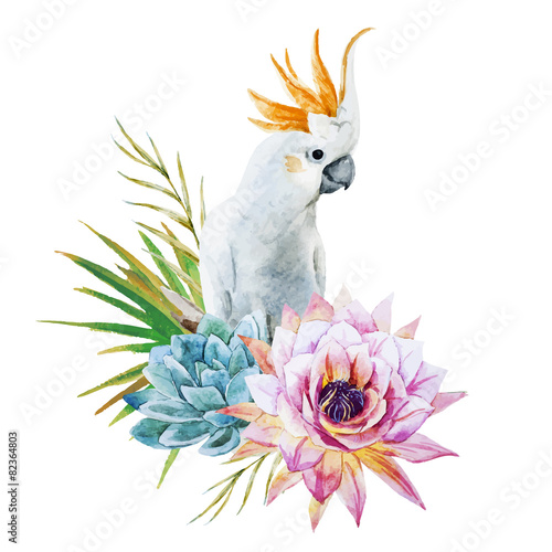 Watercolor parrot with flowers