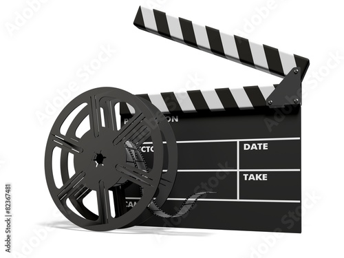 Movie. 3D. Film slate and camera tape