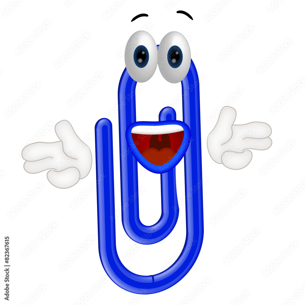 Funny paper clip cartoon illustration with hands and eyes