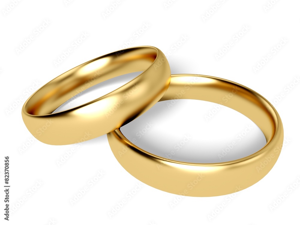 Wedding. 3D. Two gold wedding rings - reflected candles - obrazy, fototapety, plakaty 