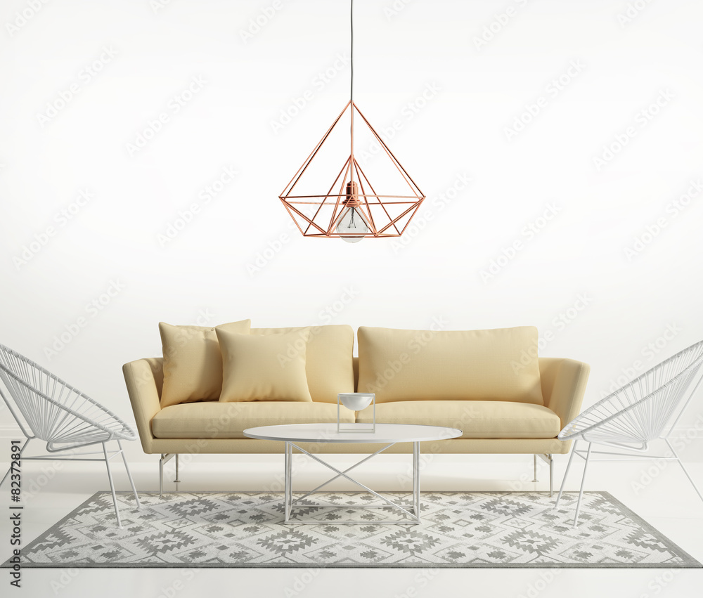 Minimal design white interior with himmeli diamond lamp - obrazy, fototapety, plakaty 