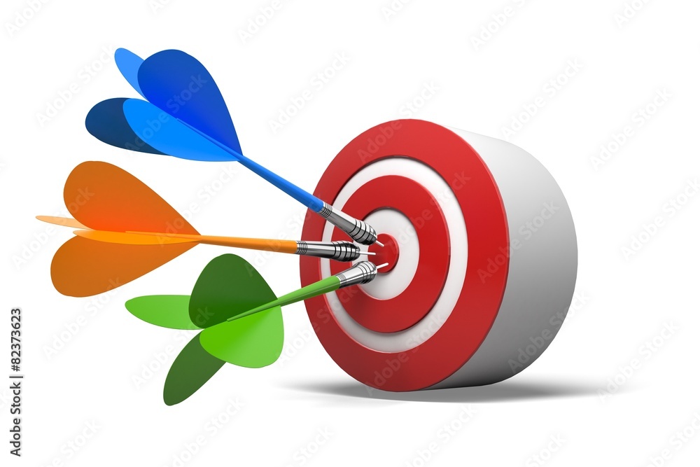 Marketing. 3D. Blue darts on red target Marketing. 3D. Blue darts on red target