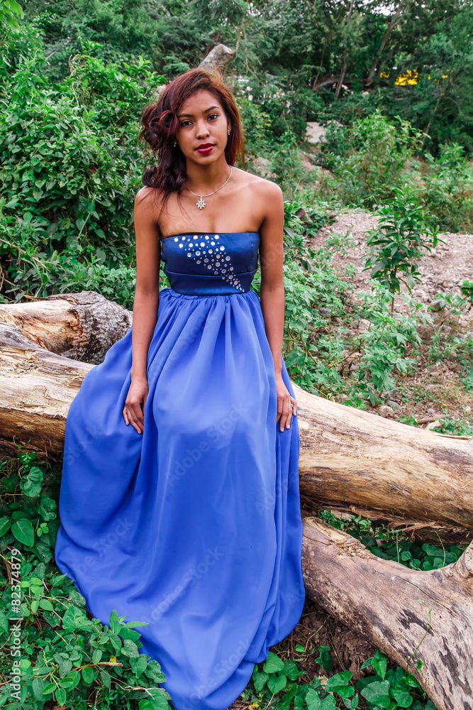 pretty latin woman in blue dress at forest sitting in trunk pretty latin woman in blue dress at forest sitting in trunk