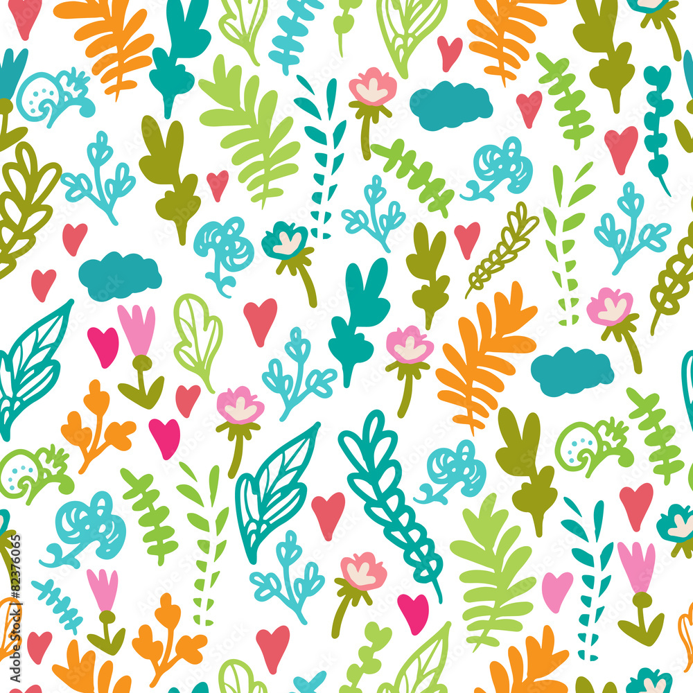 bright cute seamless vector pattern with plants and hearts