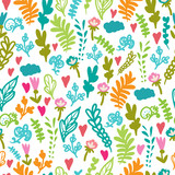 bright cute seamless vector pattern with plants and hearts