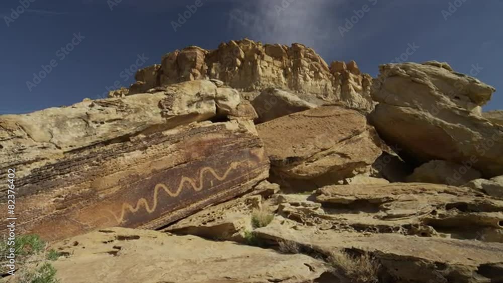Panning shot of drawing on rock formation at San Raphel Swell, / San Raphel Swell, Utah, United States, Panning shot of drawing on rock formation at San Raphel Swell, / San Raphel Swell, Utah, United States,