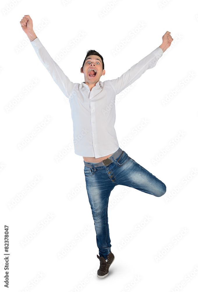 Young man winner hands up Young man winner hands up