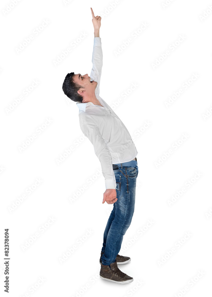 Young man winner pointing up Young man winner pointing up
