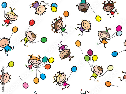 Vector  multi-ethnic kids with balloons, seamless pattern, isola