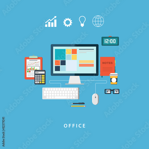 Flat design vector illustration of office things and equipment.