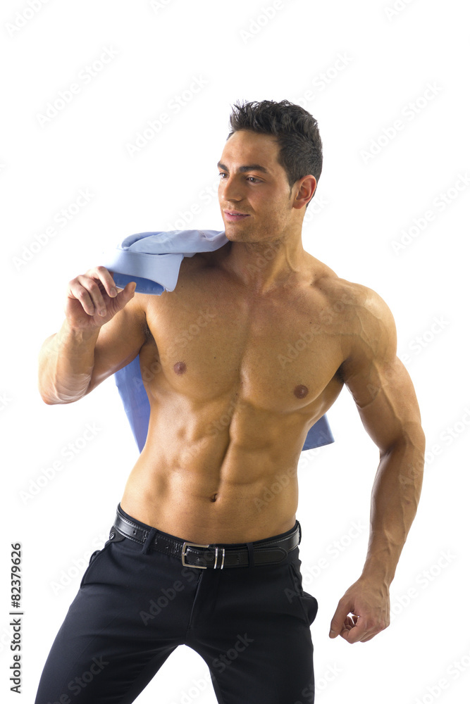 Muscular Shirtless Man Holding His Shirt On Shoulder Muscular Shirtless Man Holding His Shirt On Shoulder