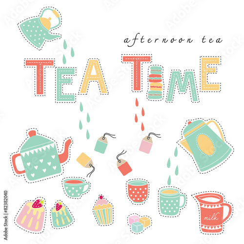 Tea time doodle illustration pastel color vector