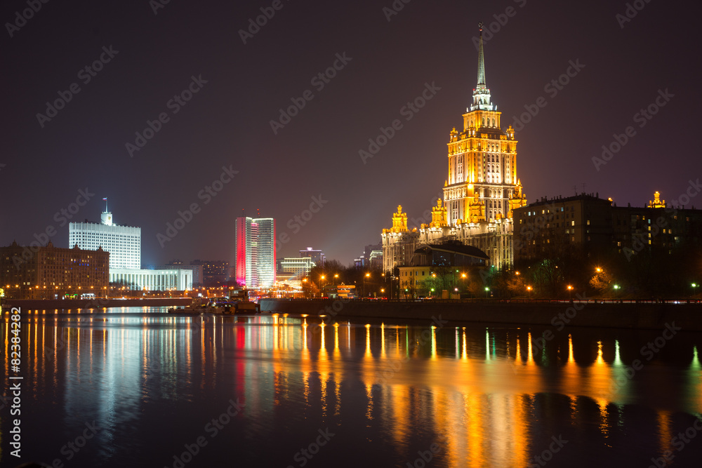 Night view of Hotel Ukraine  on  embankment in Moscow, Russia