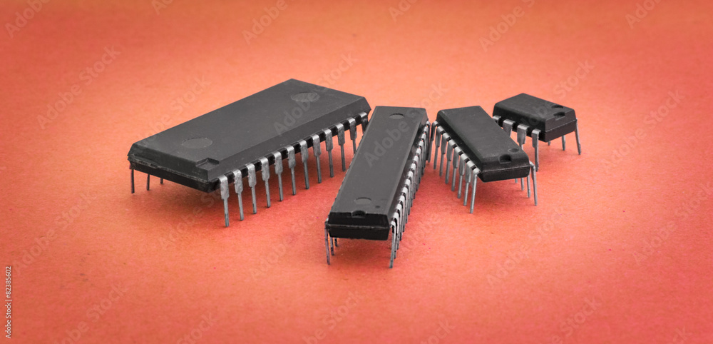 Various integrated circuits on a colored background Various integrated circuits on a colored background