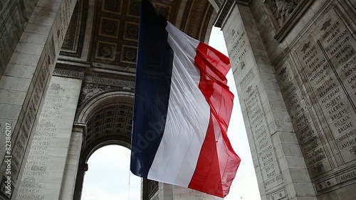 French Flag under Arch de Triumph during Victory Day celebration in Paris France