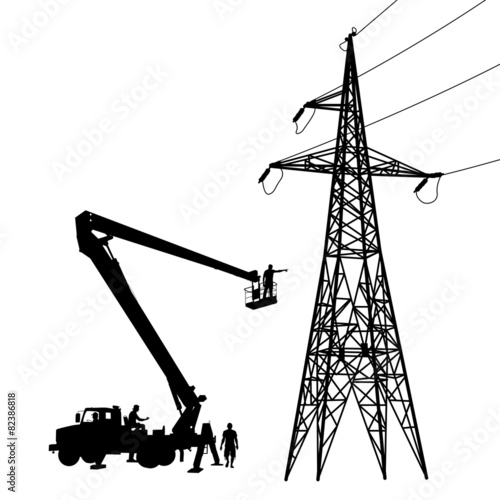 Electrician, making repairs at a power pole. Vector illustration
