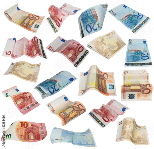 Flying Euro banknotes isolated on white background