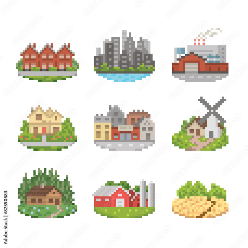 City And Town Pixel Art Icon Set