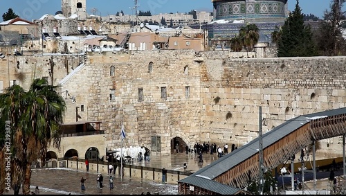 Some snow on the Western Wall of Jerusalem, Israel
