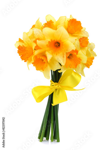 Fototapeta Naklejka Na Ścianę i Meble -  Bouquet of daffodils with a yellow ribbon isolated