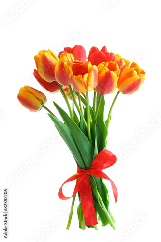 Bouquet of red tulips with red ribbon isolated 