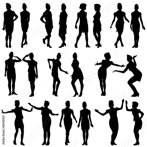Black silhouettes of beautiful girls in stewardess forage caps o