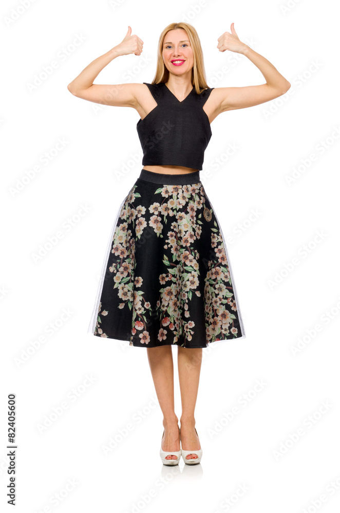 Woman in floral dark skirt isolated on white Woman in floral dark skirt isolated on white