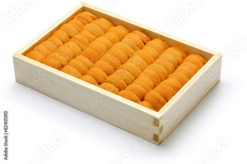 Schilderij op canvas sea urchin roe, japanese sushi and sashimi ingredients