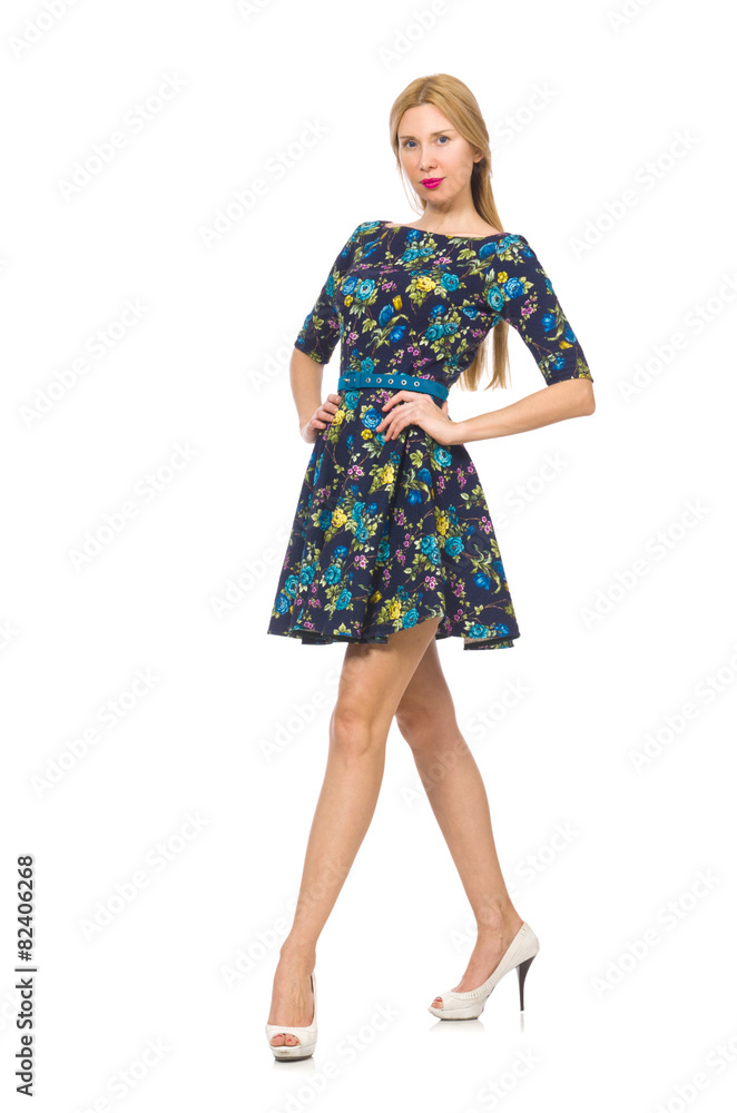 Woman in dark blue floral dress isolated on white Woman in dark blue floral dress isolated on white