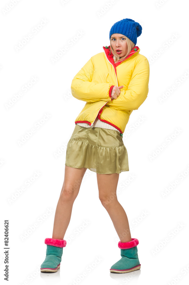 A girl in bright winter clothes isolated on white A girl in bright winter clothes isolated on white