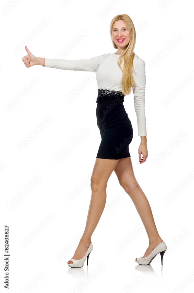 Pretty woman in black and white dress isolated on white Pretty woman in black and white dress isolated on white