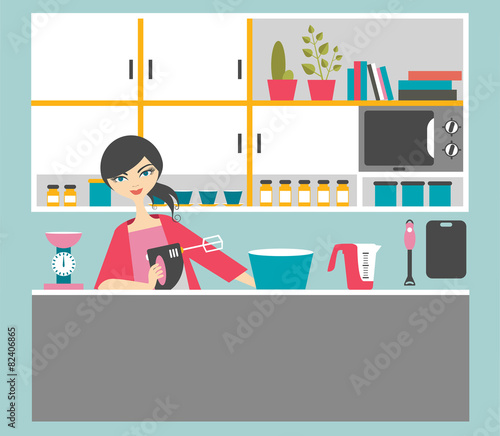 Atractive woman, mother baking cake.