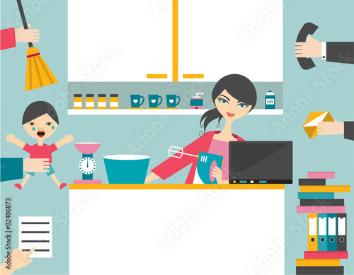 Busy multitask woman, mother managing her work.