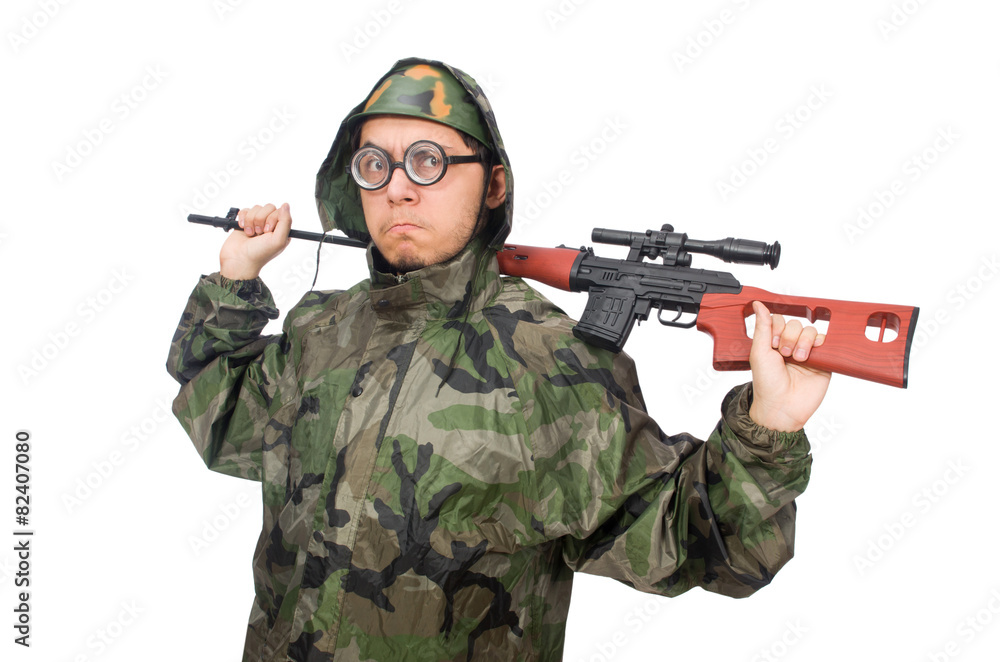 Military man with a gun isolated on white Military man with a gun isolated on white