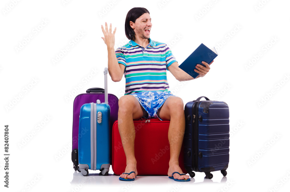Tourist with bags isolated on white Tourist with bags isolated on white