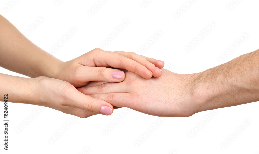 Male and female hands isolated on white