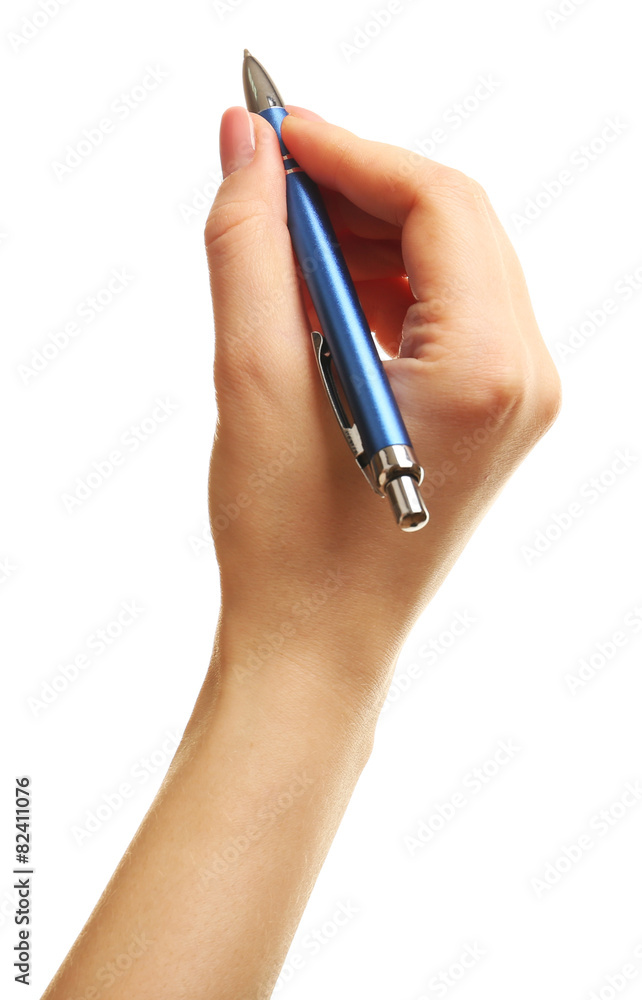 Female hand with pen isolated on white Female hand with pen isolated on white