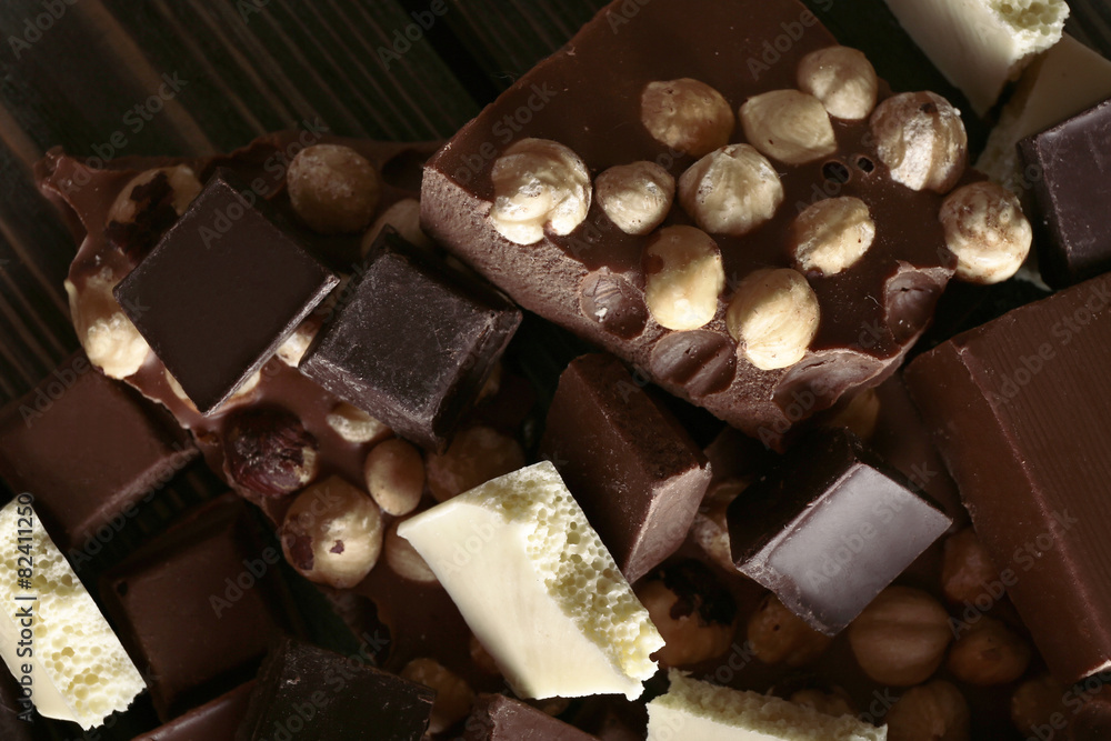 Set of chocolate with hazelnut, closeup Set of chocolate with hazelnut, closeup