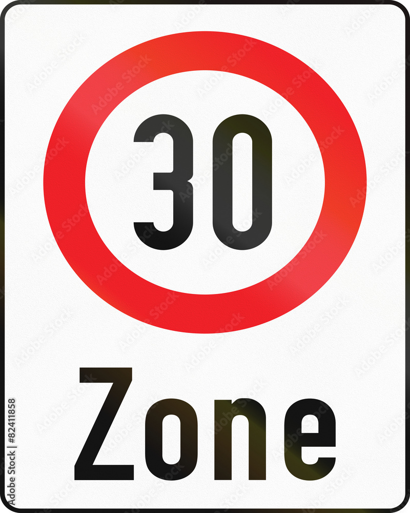 Austrian traffic sign indicating a zone with reduced traffic and a speed limit of 30 kilometers per hour Austrian traffic sign indicating a zone with reduced traffic and a speed limit of 30 kilometers per hour