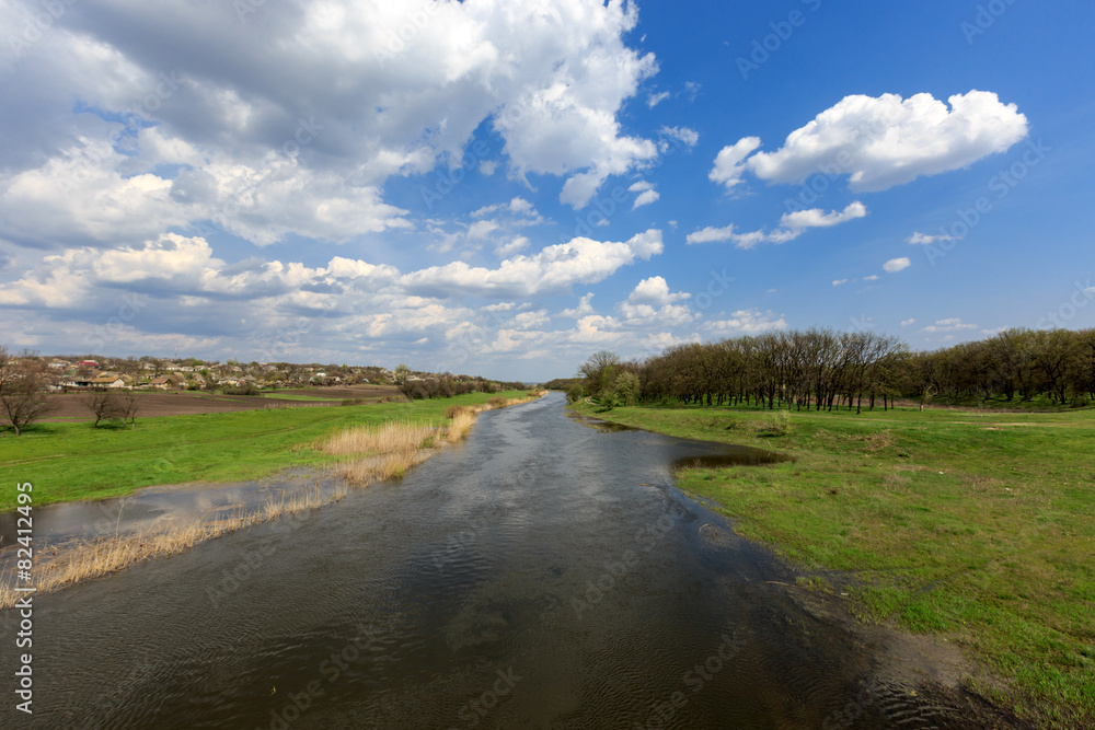 Wide view on spring river